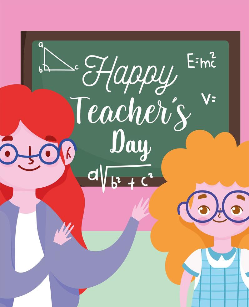 happy teachers day, female teacher and pupil girl with chalkboard vector