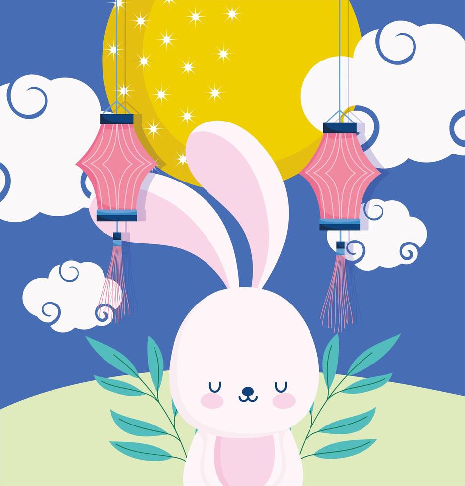 happy mid autumn festival, bunny lanterns moon clouds grass foliage, blessings and happiness vector