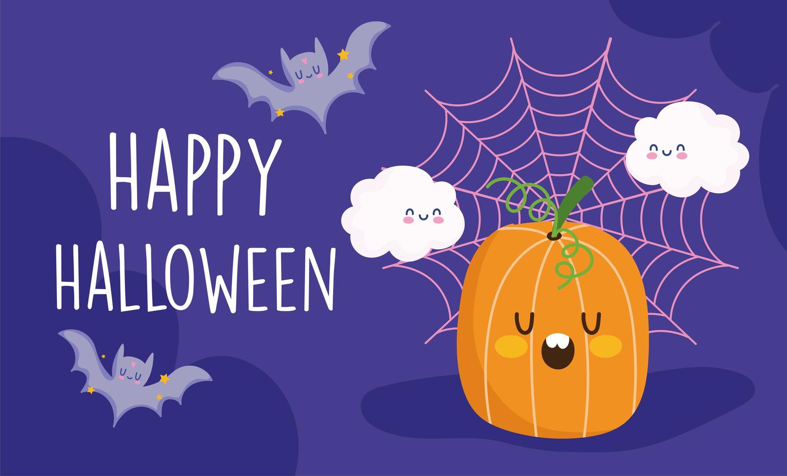 happy halloween, cute pumpkin clouds cobweb and bats trick or treat party celebration vector