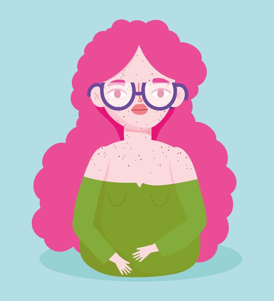 perfectly imperfect, cartoon woman with glasses and freckles, self confident, vector