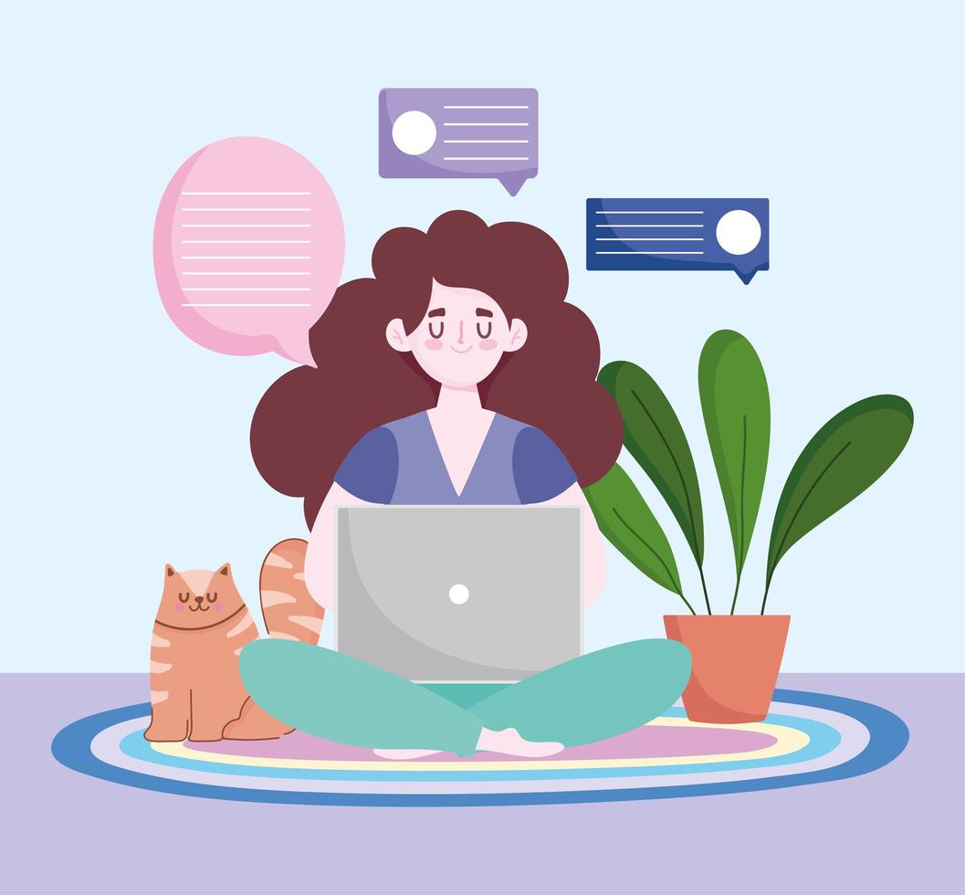 home office workspace, freelancer using laptop with cat and plant on floor vector