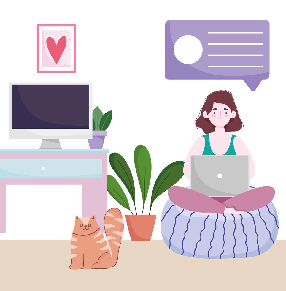 Espacio de trabajo de la oficina en casa, mujer en un cojín con un portátil en la habitación con una computadora y plantas para gatos vector