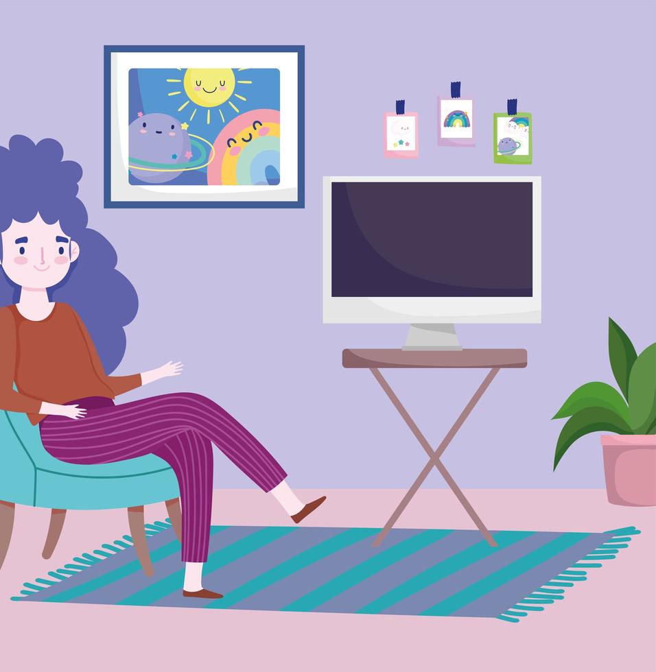 home office workspace, young woman with table computer in the room vector