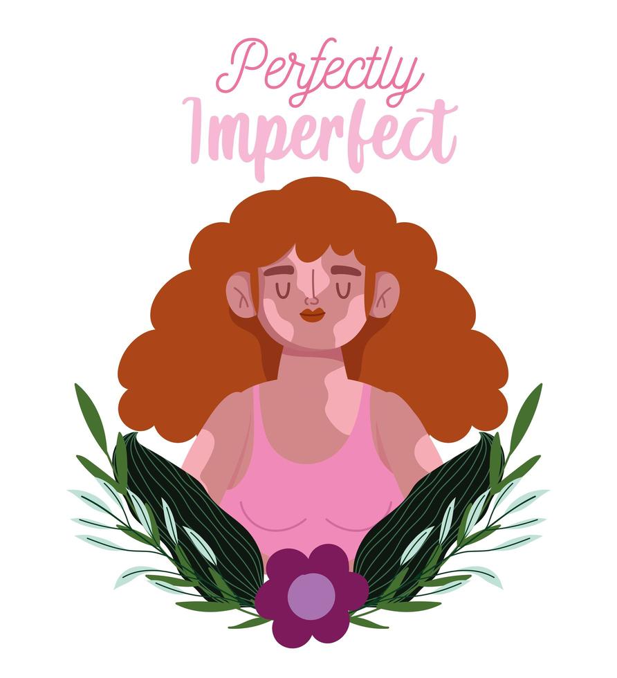 perfectly imperfect, beautiful smiling woman with vitiligo, flower leaves decoration vector