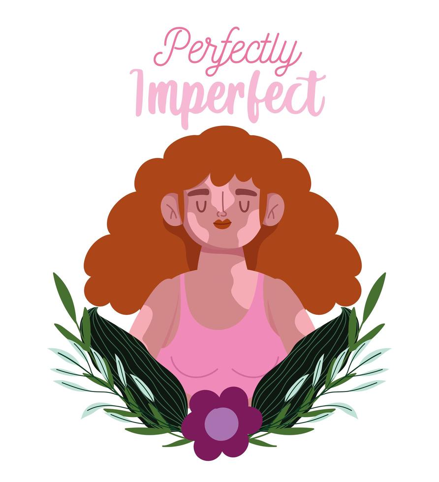 perfectamente imperfecta, hermosa mujer sonriente con vitiligo, decoración de hojas de flores vector