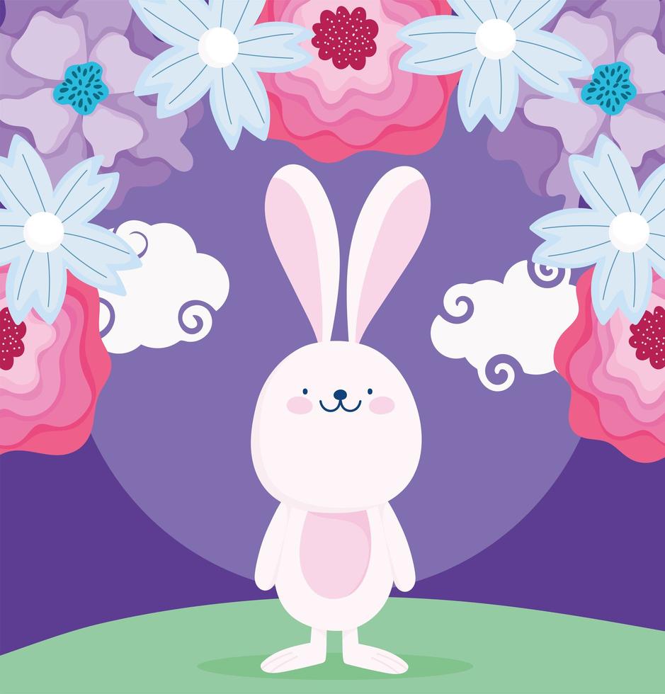 happy mid autumn festival, delicate flowers decoration and rabbit cartoon, blessings and happiness vector