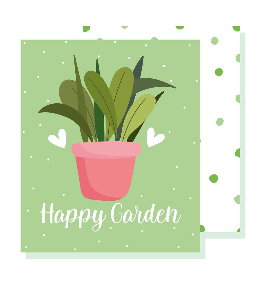 feliz jardín, planta en maceta, naturaleza, decoración, corazones, tarjeta vector