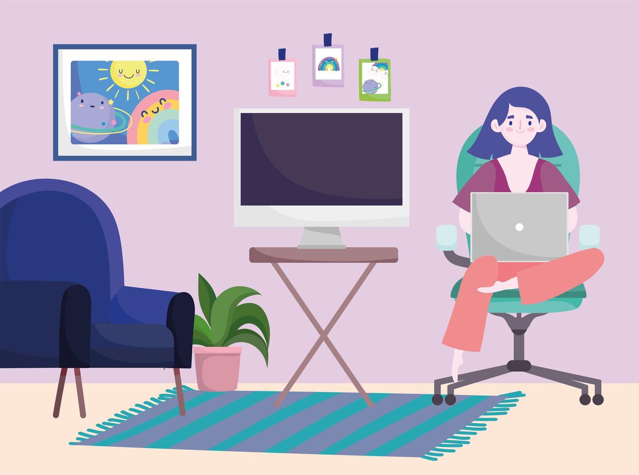 home office workspace, girl sits in a armchair and works on a laptop vector