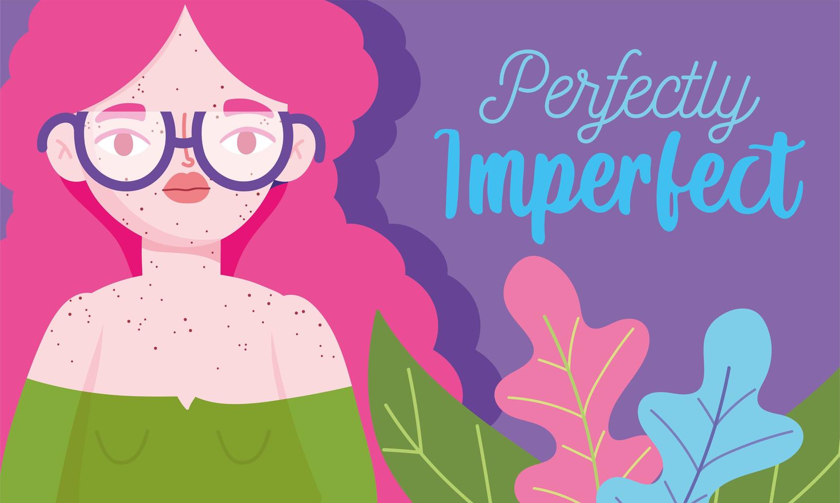 perfectamente imperfecta, mujer joven con gafas y pecas todo su cuerpo vector