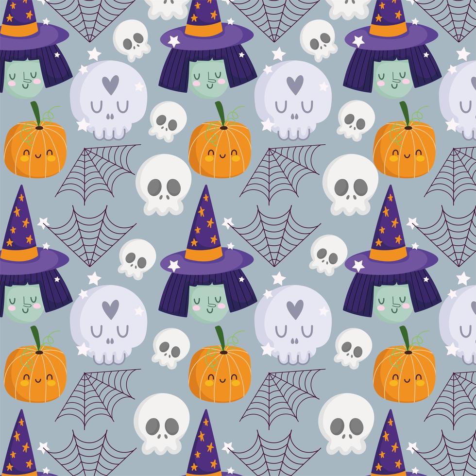 happy halloween, witch face skulls pumpkin hat cobweb trick or treat party celebration background vector