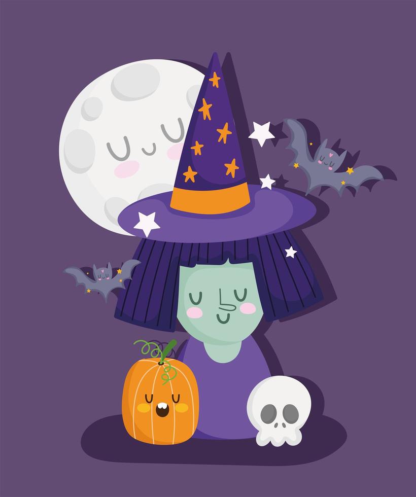 feliz halloween, bruja de dibujos animados con calavera calabaza murciélago y luna truco o trato celebración de fiesta vector
