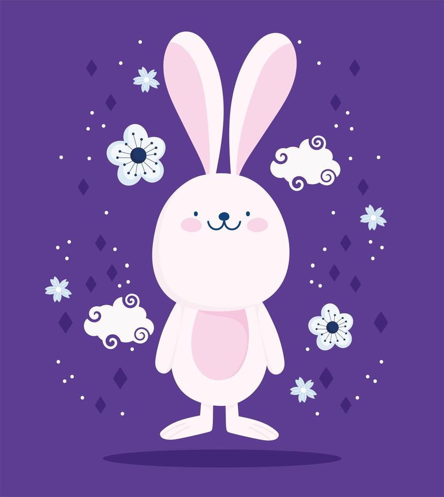 cute pink rabbit clouds dflowers cartoon decoration vector
