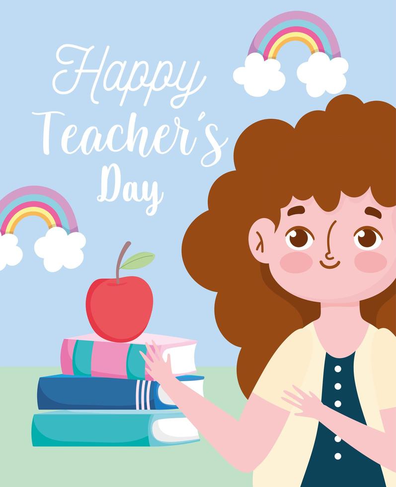 happy teachers day, cute teacher with stack of books and apple vector