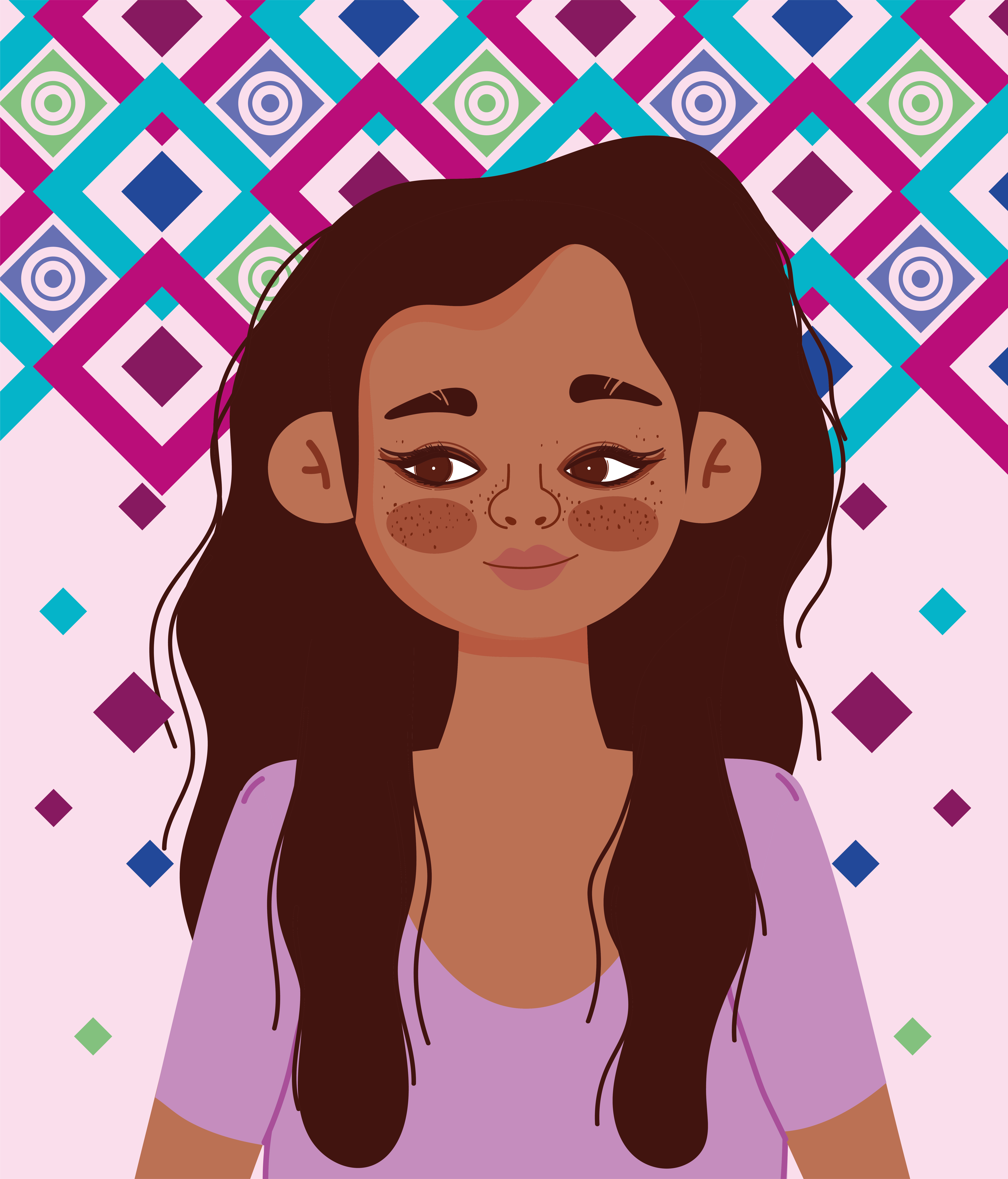 young woman hispanic character cartoon portrait, color geometric background  design 2779164 Vector Art at Vecteezy