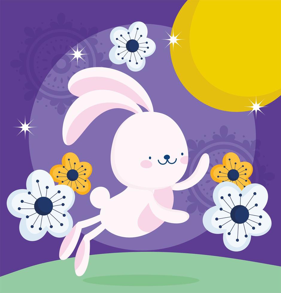 happy mid autumn festival, funny bunny flowers moon nature, blessings and happiness vector