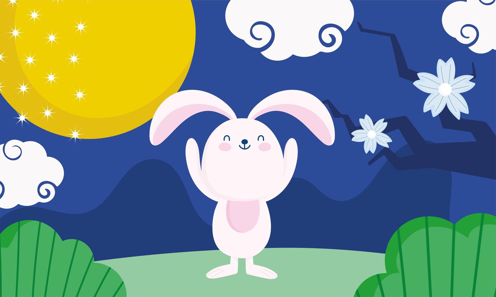 happy mid autumn festival, bunny full moon flowers grass nature, blessings and happiness vector