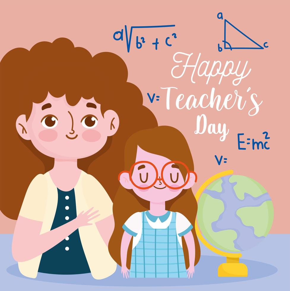 happy teachers day, brunette teacher and girl pupil with school globe vector