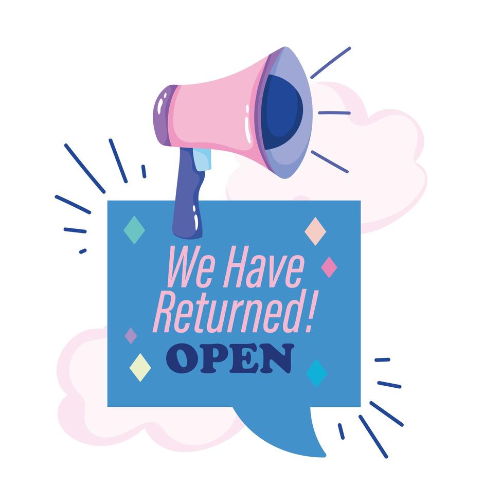 reopening, megaphone shouting speech bubble inscription, clouds cartoon design vector