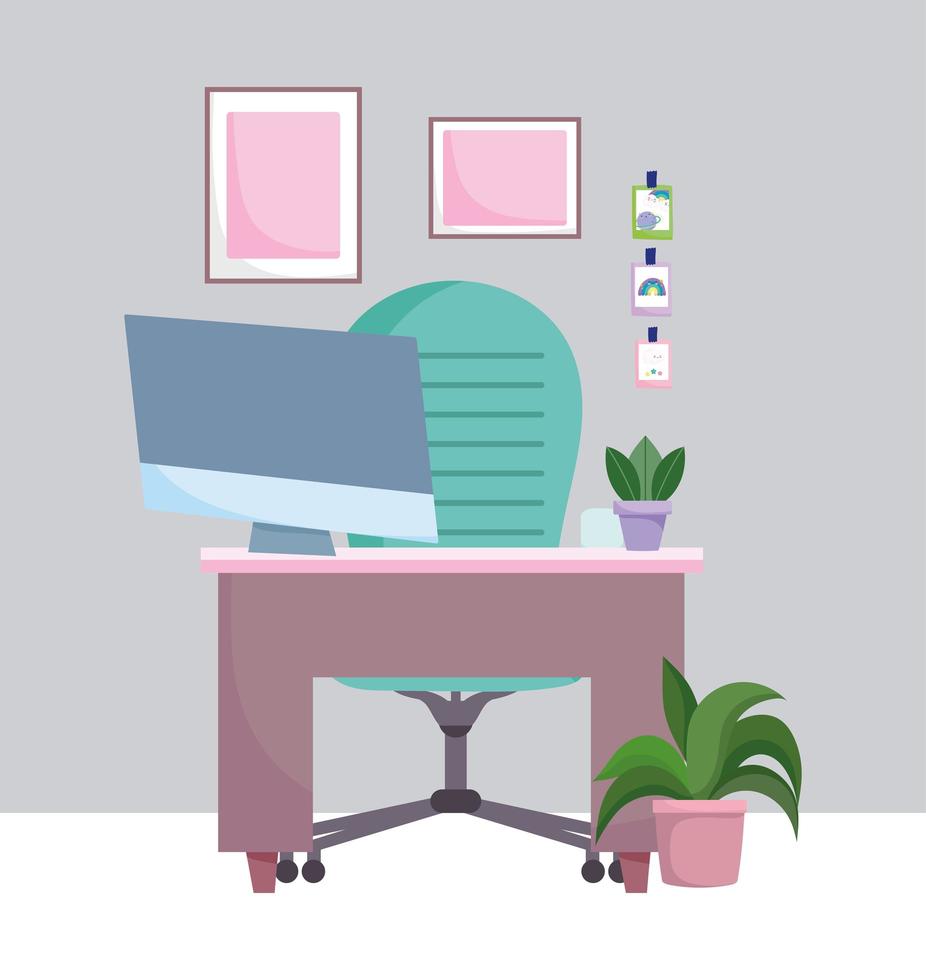 escritorio de trabajo de oficina en casa con sillas de computadora plantas e imágenes vector