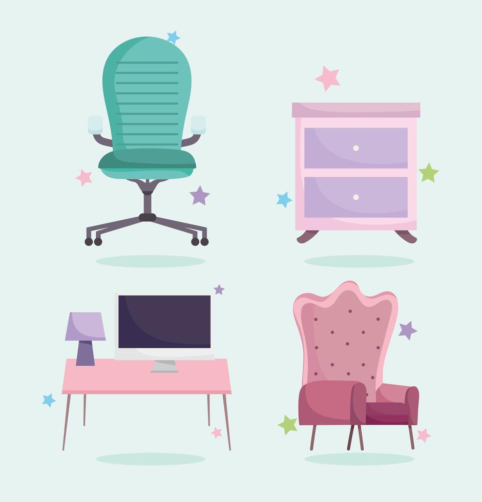 oficina en casa lugar de trabajo sillón cajones computadora lámpara y escritorio iconos vector