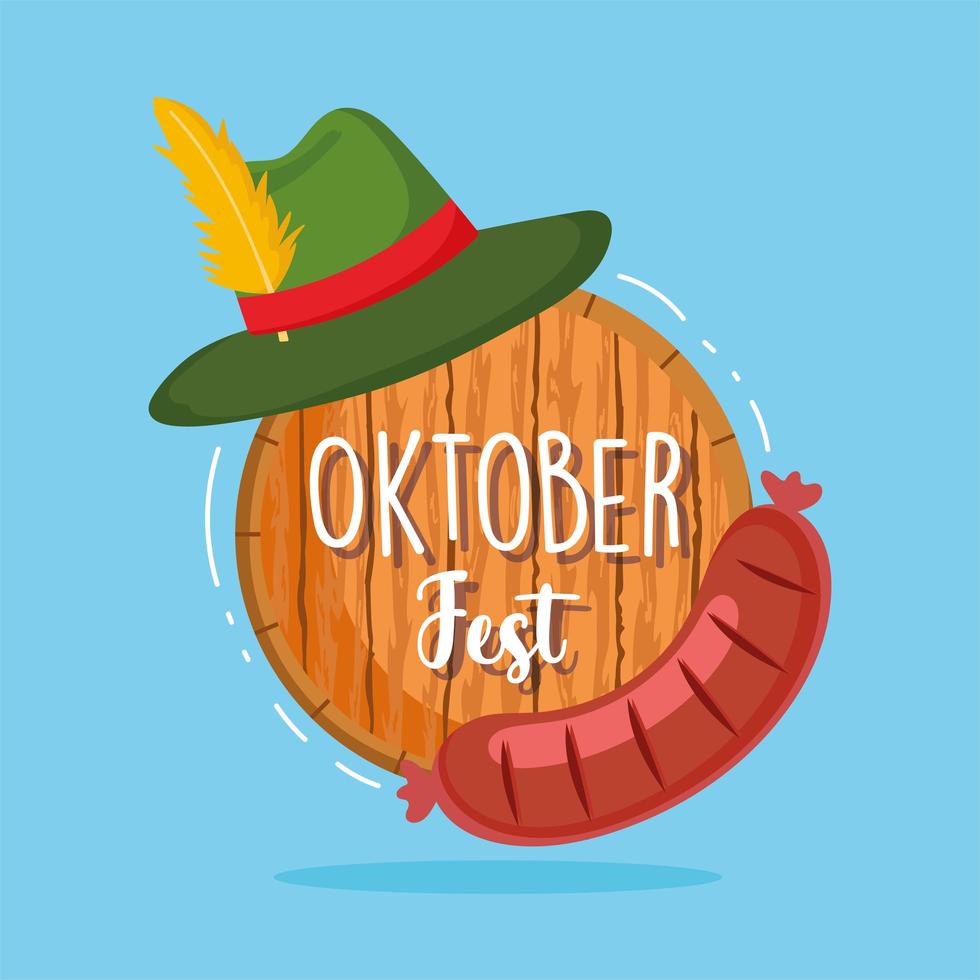 Oktoberfest festival, salchicha verde sombrero y barril, celebración tradicional de Alemania vector