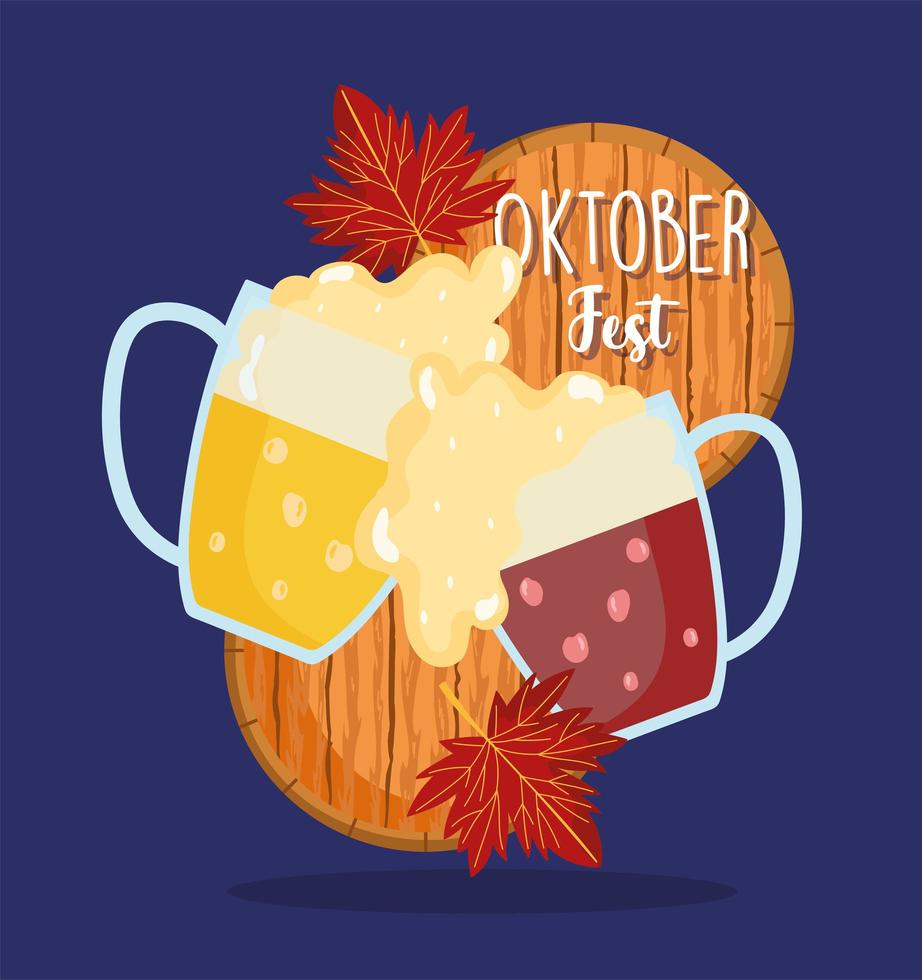 oktoberfest festival, two glass toasting mugs with beer, celebration germany traditional vector