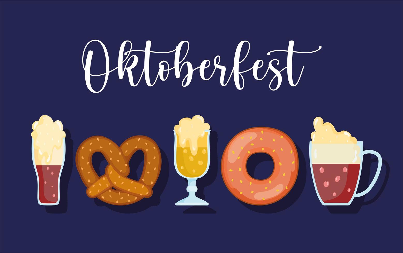 oktoberfest festival, set icons beer pretzel and donut food, celebration germany traditional vector