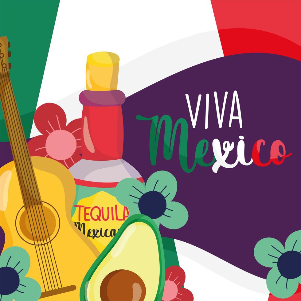 mexican independence day, tequila guitar avocado flowers flag background, viva mexico is celebrated on september vector