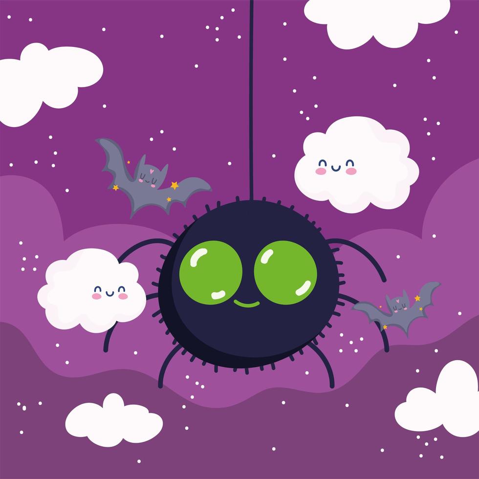 happy halloween, cartoon spider clouds and bats trick or treat party celebration vector