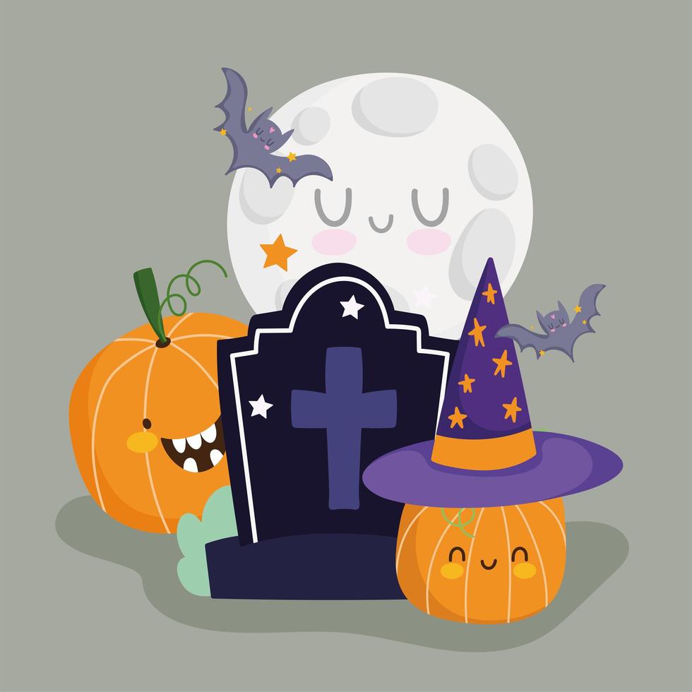 happy halloween, gravestone moon pumpkin bats trick or treat party celebration vector