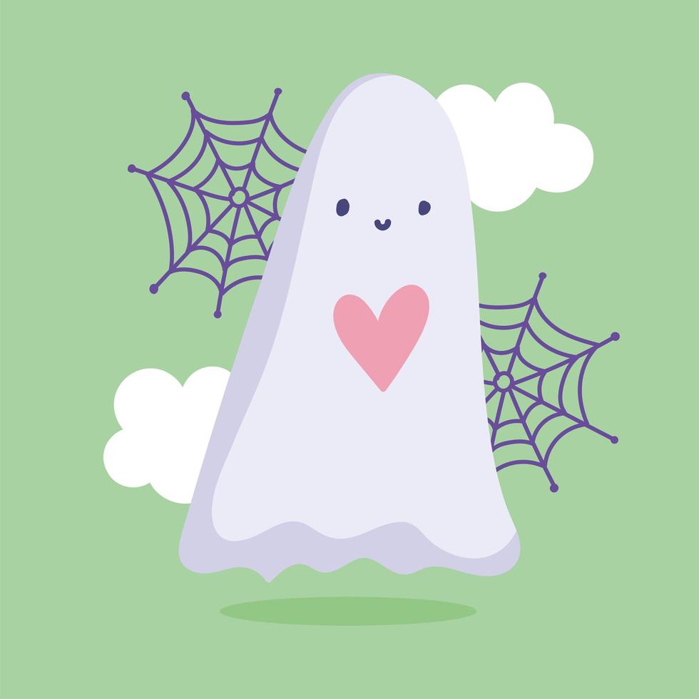 happy halloween, cute ghost heart clouds and web trick or treat party celebration vector