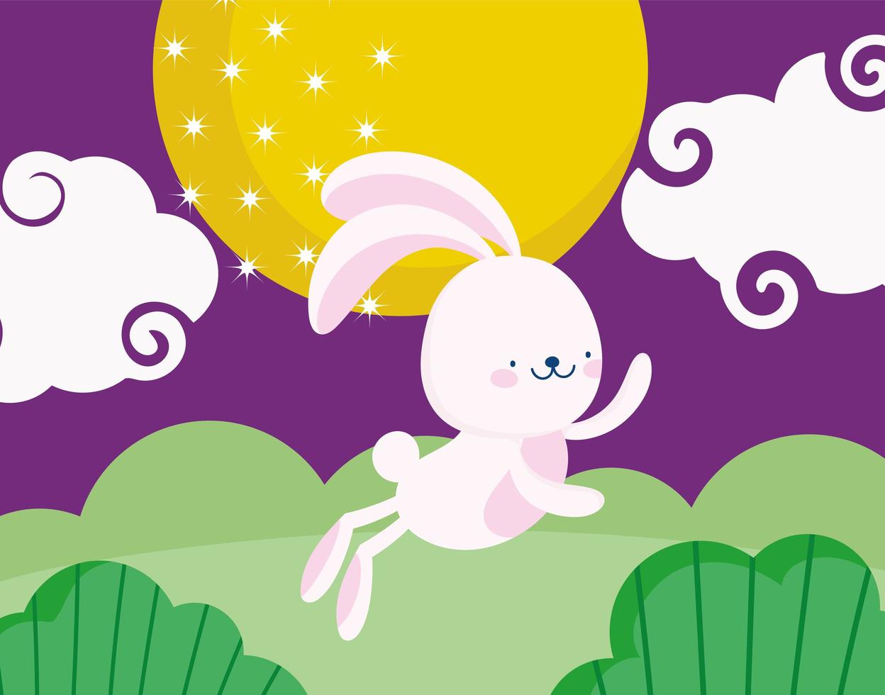 happy mid autumn festival, rabbit jumping cartoon moon clouds nature, blessings and happiness vector