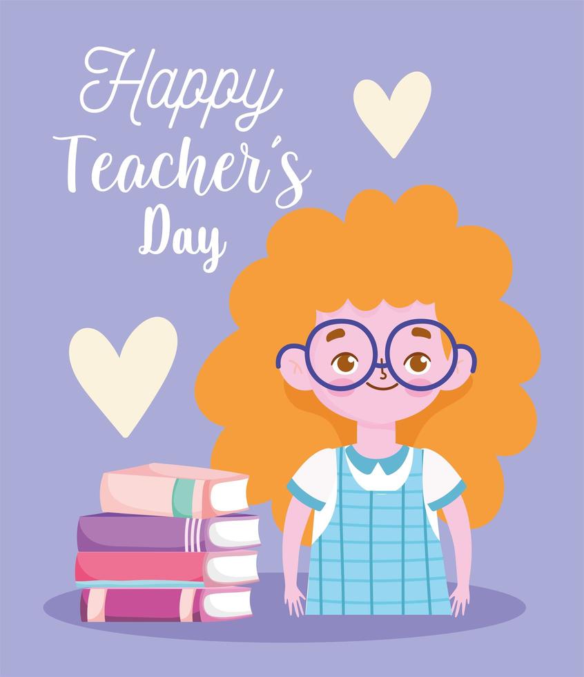 happy teachers day, blonde student girl cartoon with books vector