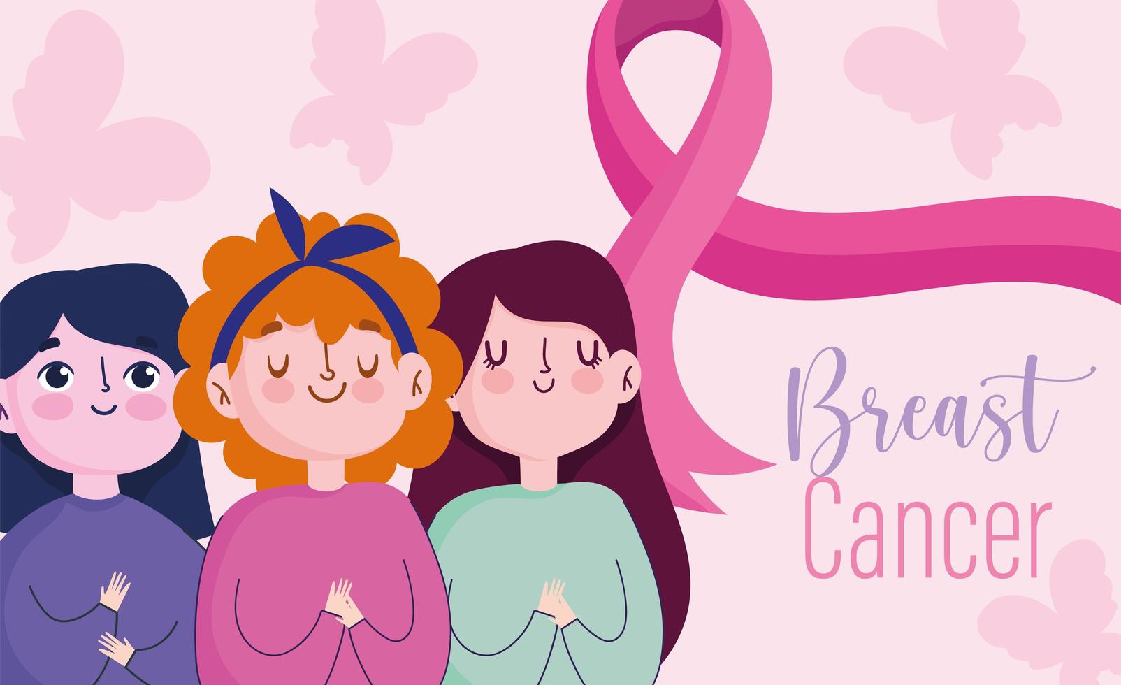 mes de concientización sobre el cáncer de mama grupo de mujeres de dibujos animados con cinta rosa de apoyo vector