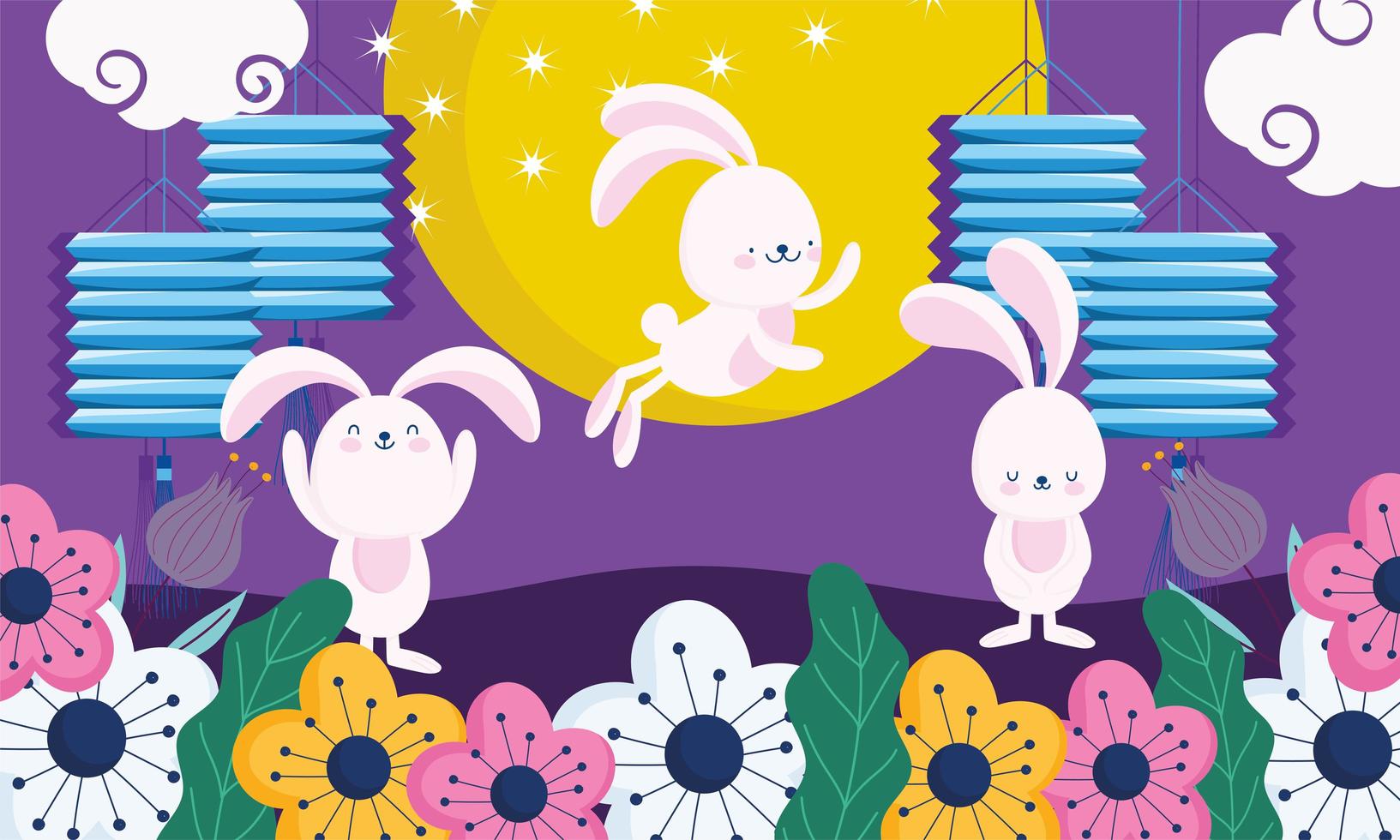 happy mid autumn festival, cute bunnies lanterns moon flowers cartoon traditional, blessings and happiness vector