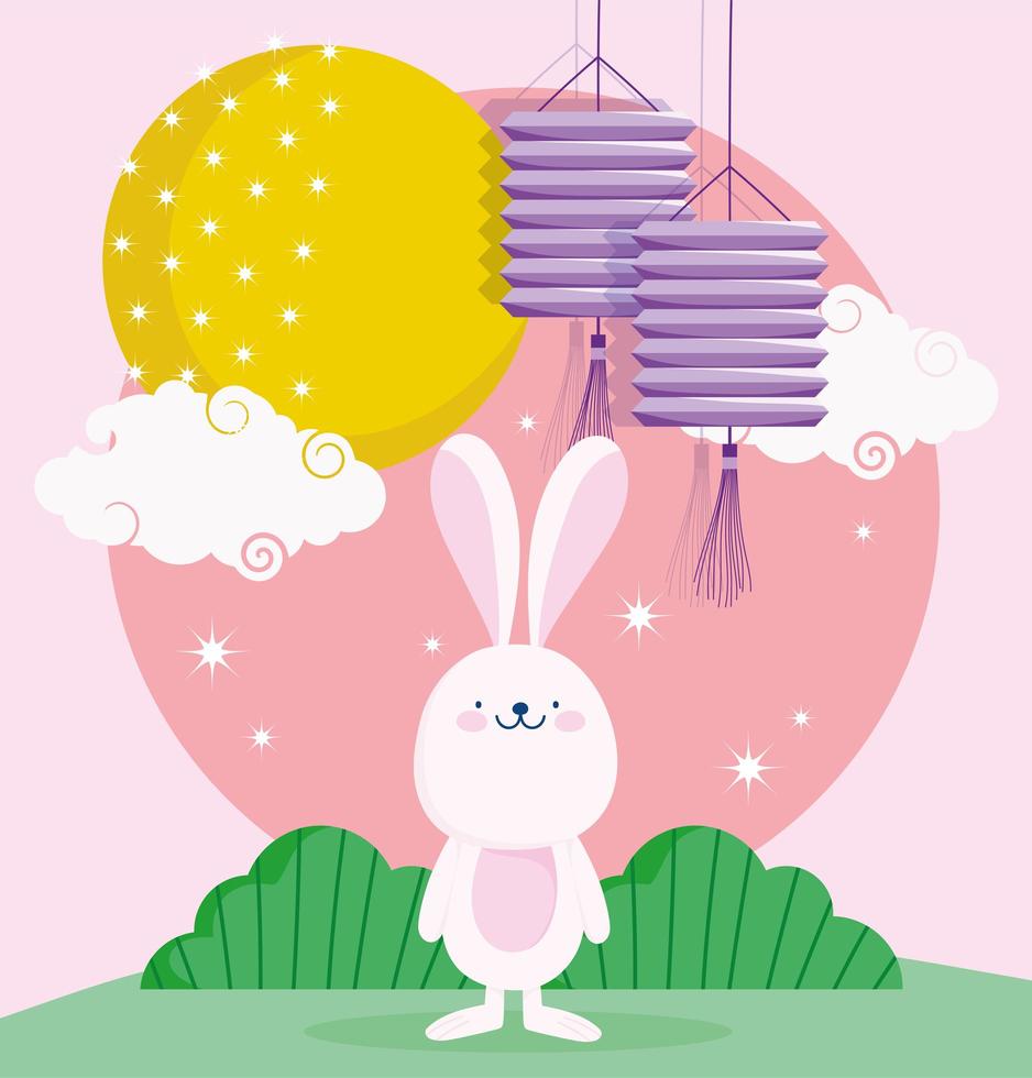 happy mid autumn festival, cute bunny lanterns moon clouds cartoon, blessings and happiness vector