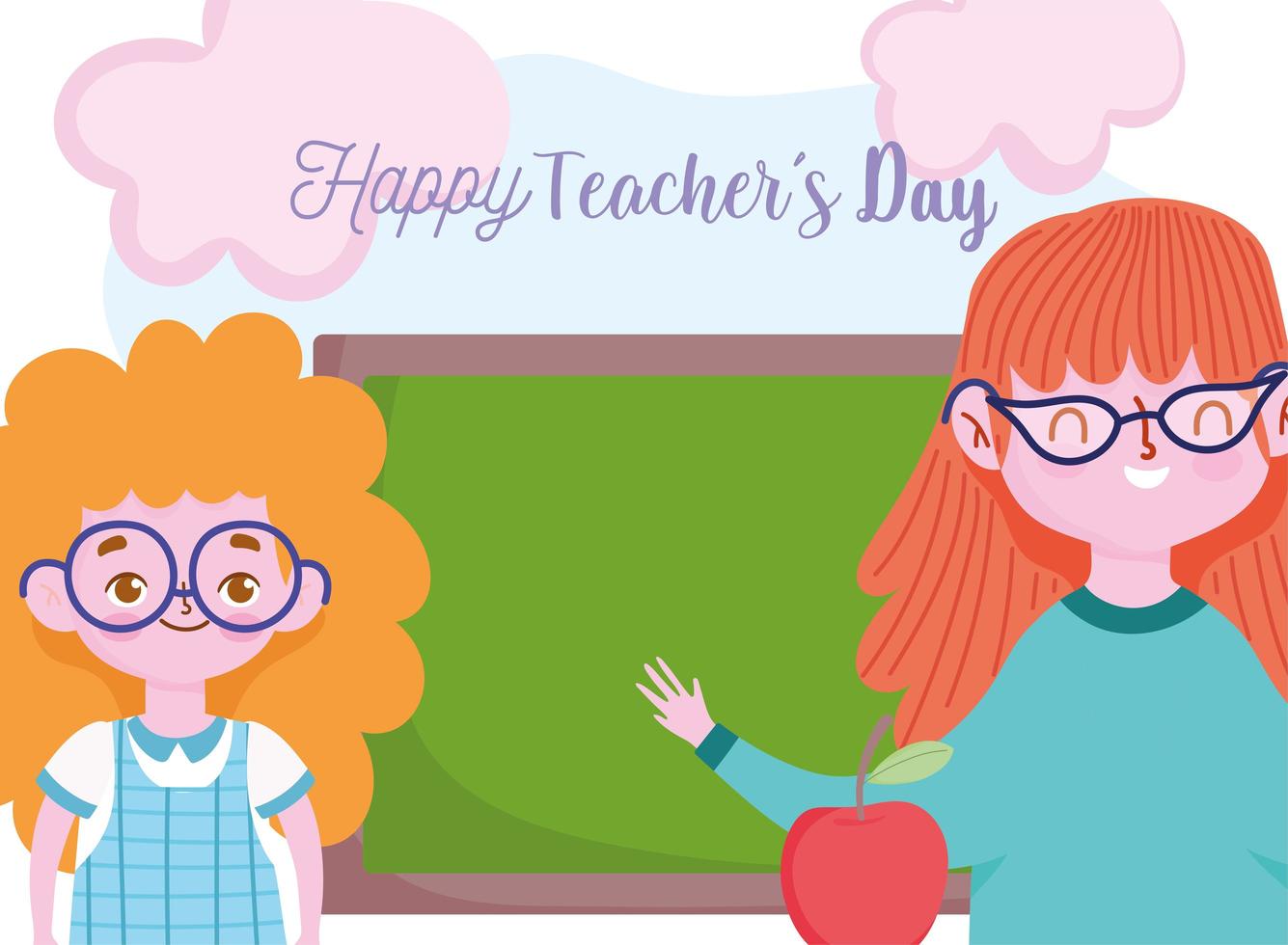 happy teachers day, teacher and student girl blackboard apple and letterring vector