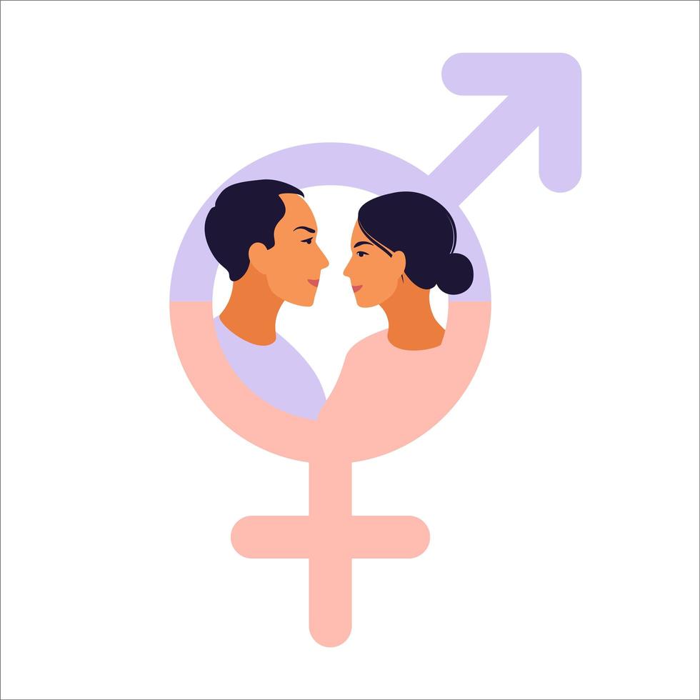 Gender equality concept. Men and women character on the scales for gender equality. Vector illustration. Flat.