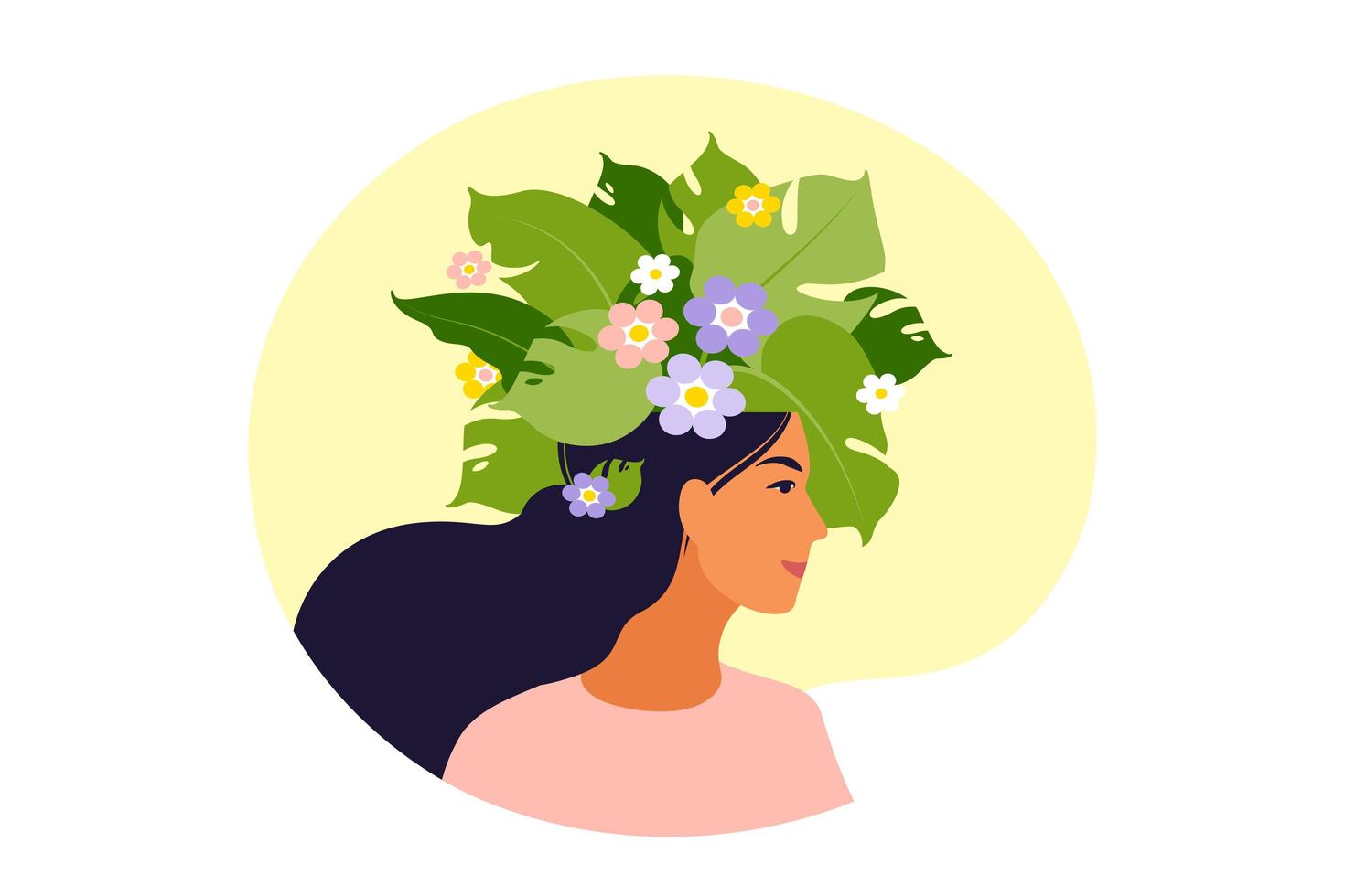 Mental health, happiness, harmony concept. Happy female head with flowers inside. Mindfulness, positive thinking, self care idea. Vector illustration. Flat.