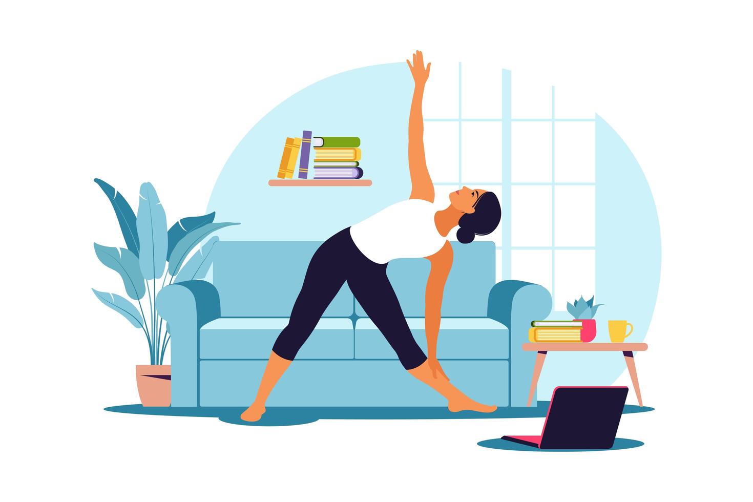 entrenamiento en línea. mujer haciendo yoga en casa. viendo tutoriales en una computadora portátil. ejercicio deportivo en un interior acogedor. ilustración vectorial. Departamento. vector
