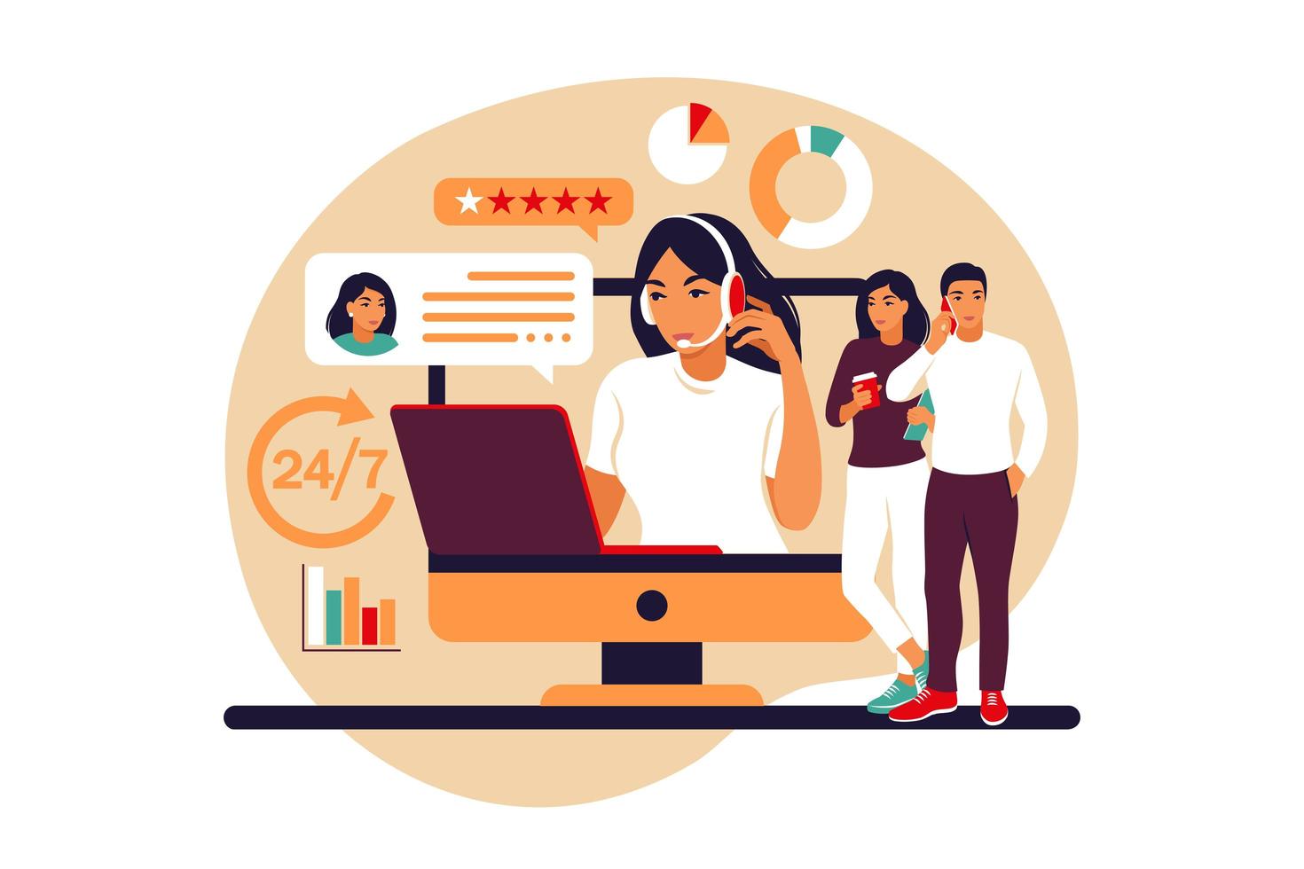 Customer service concept. Woman with headphones and microphone with laptop. Support, assistance, call center. Vector illustration. Flat style