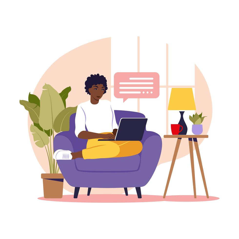 mujer africana sentada con el portátil en el sillón. Ilustración del concepto para trabajar, estudiar, educar, trabajar desde casa. Departamento. ilustración vectorial. vector