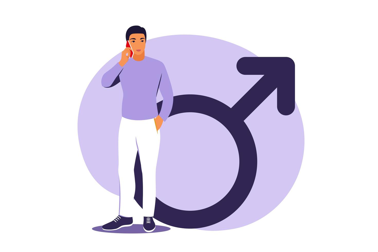 Male symbol. A man stands next to a gender icon. Vector illustration. Flat.
