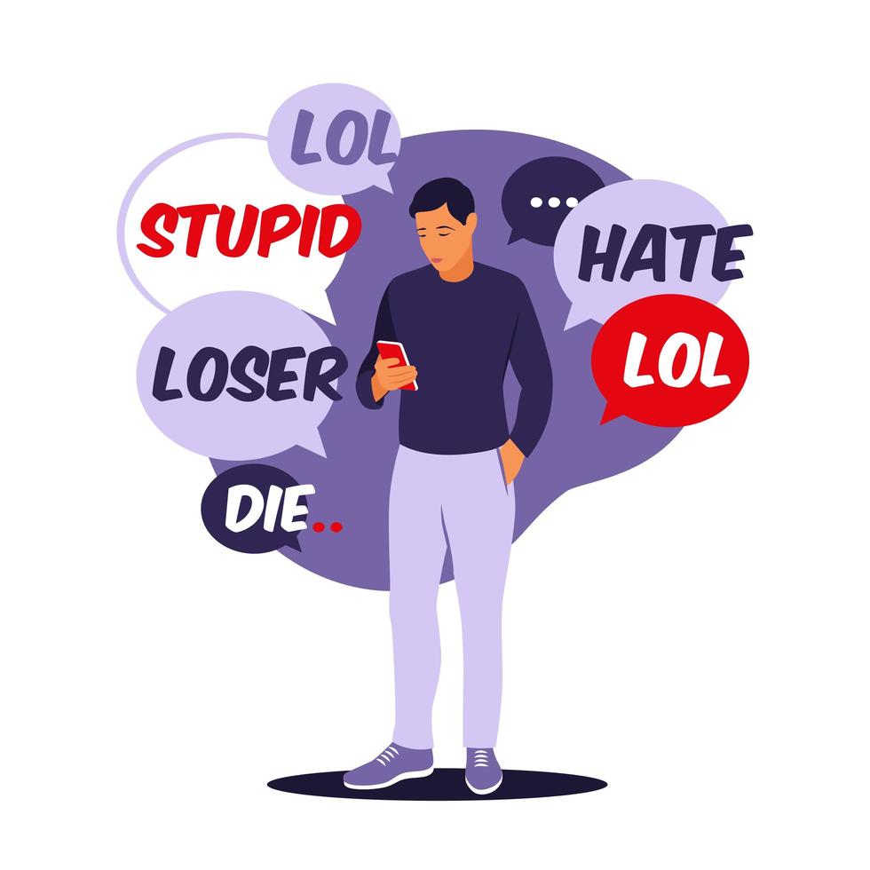 Cyber bullying concept. Man receives abusive messages. Vector illustration. Flat.