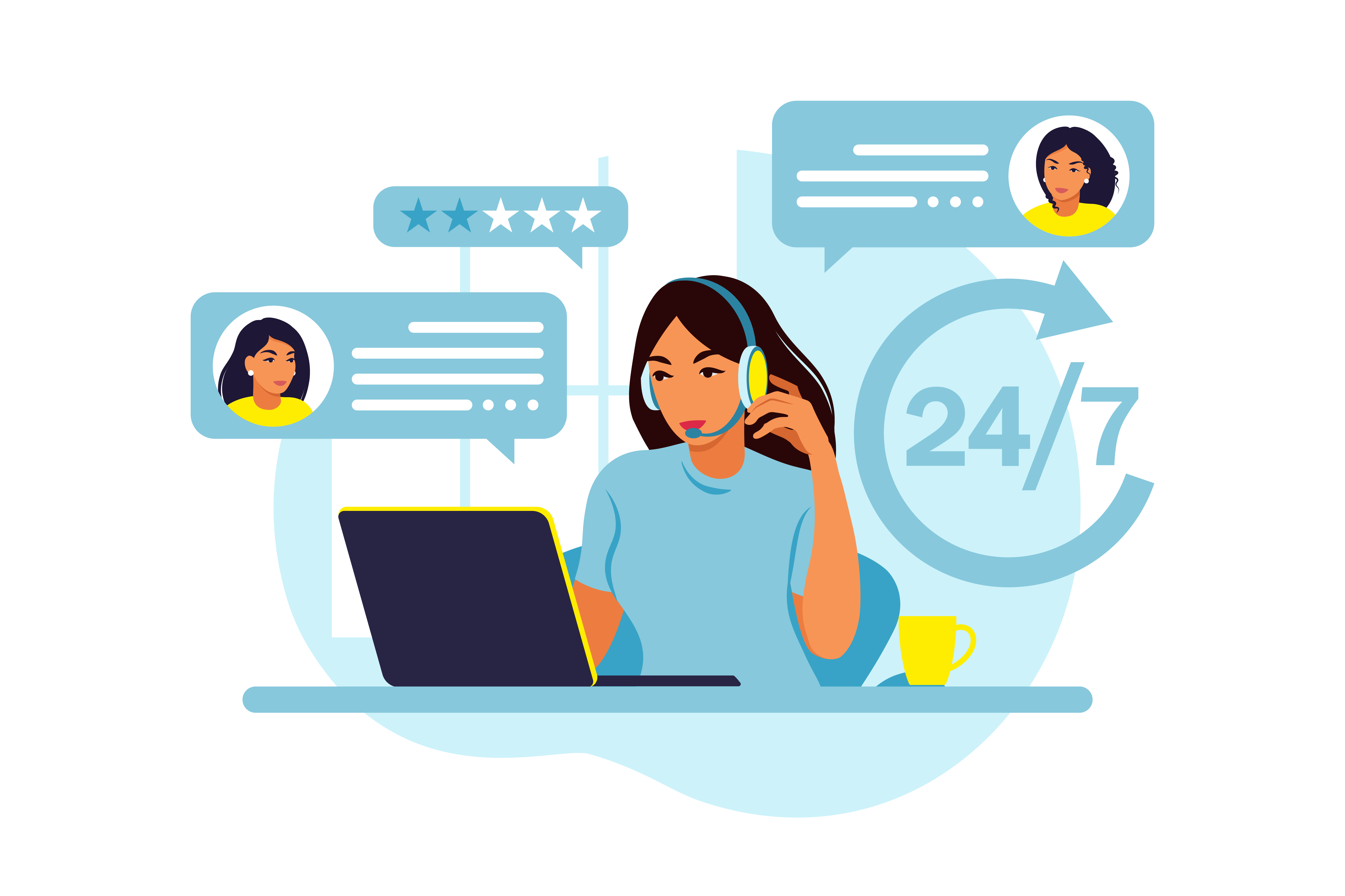 Contact customer support for assistance перевод. Customer service. man with headphones and microphone with laptop. concept illustration for support, call center..