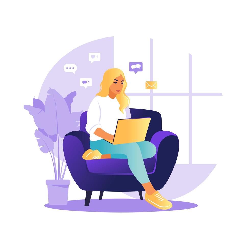 mujer sentada mesa con ordenador portátil y teléfono. trabajando en una computadora. freelance, educación en línea o concepto de redes sociales. estudiando el concepto. estilo plano. vector