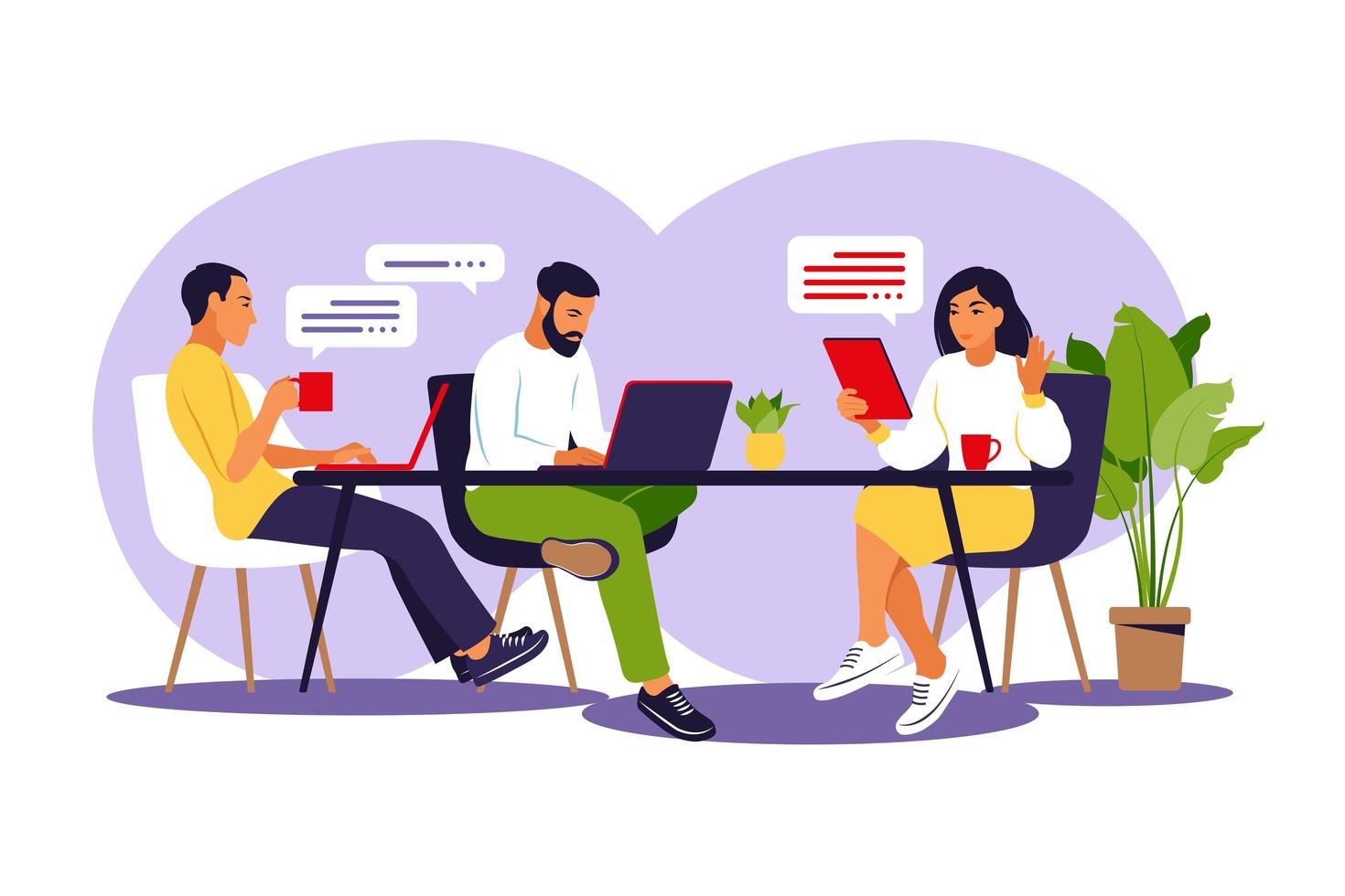 Colleagues working together on project. Business team working together at the big desk. Vector illustration. Flat style