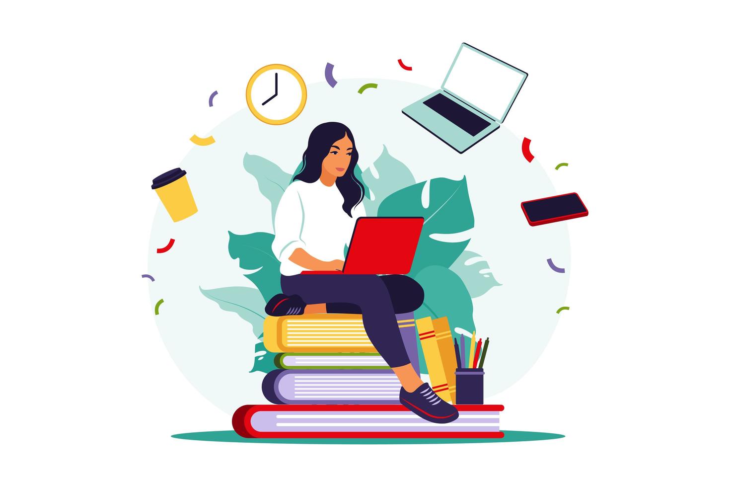 mujer estudiante con laptop estudiando en curso en línea. concepto de educación en línea. ilustración vectorial. Departamento. vector