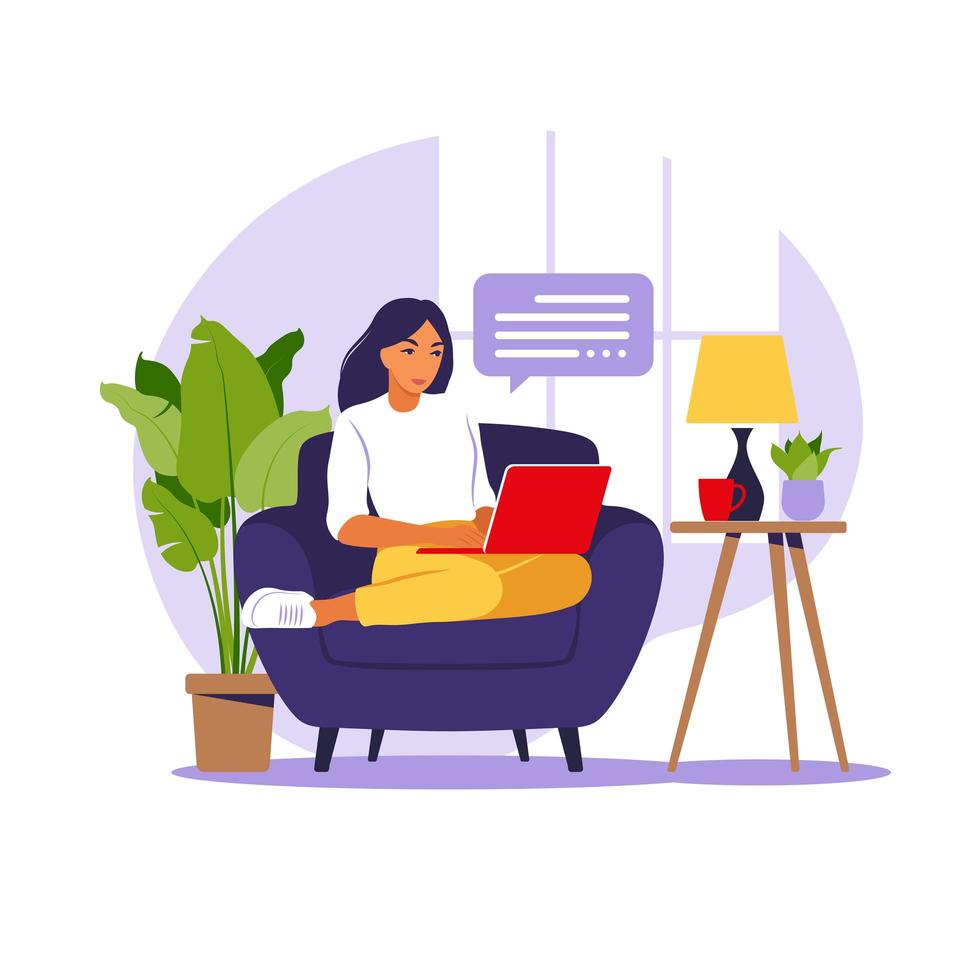 mujer sentada con laptop en sillón. Ilustración del concepto para trabajar, estudiar, educar, trabajar desde casa. Departamento. ilustración vectorial. vector