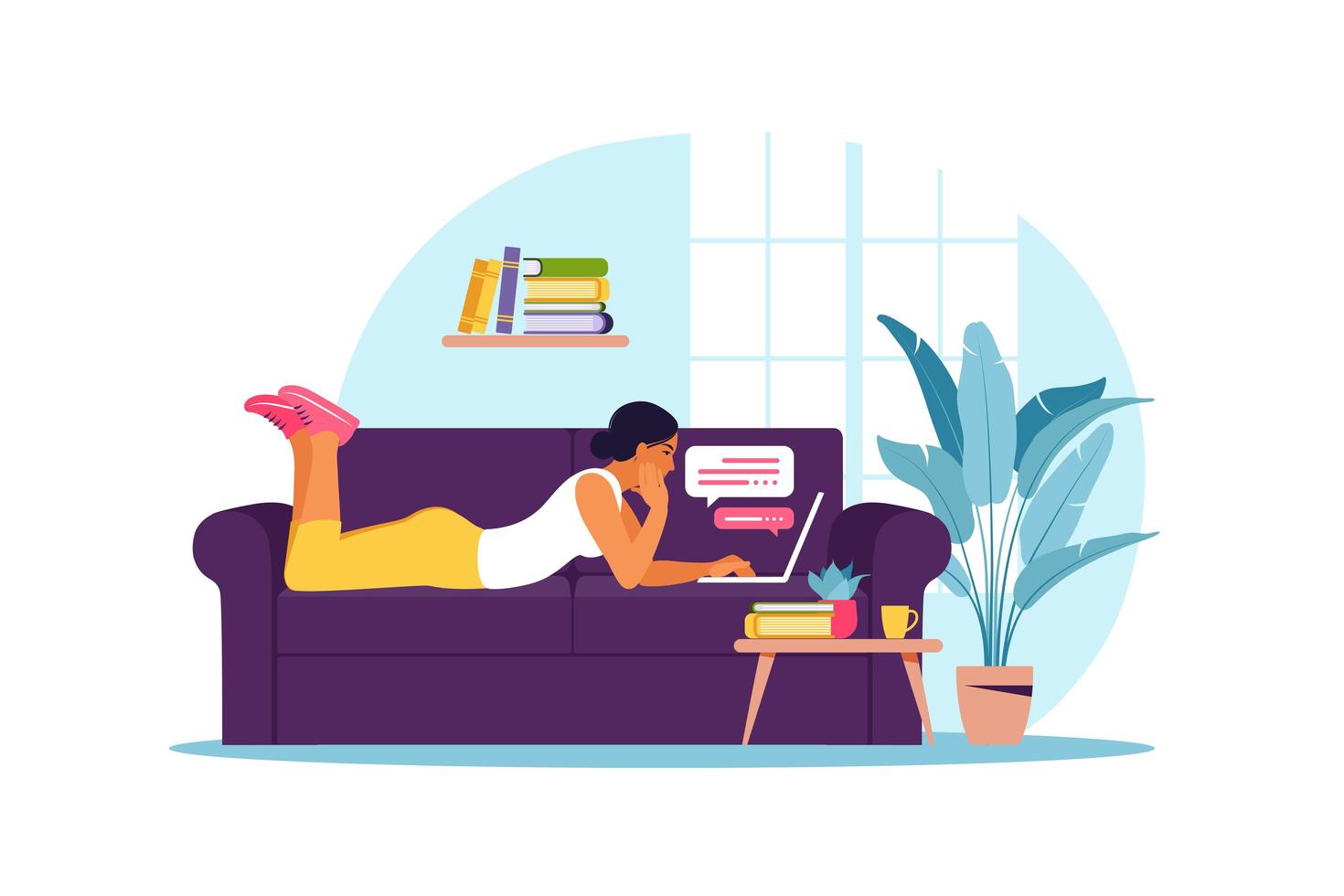 trabajar desde casa. concepto para trabajar, estudiar, educación en línea. mujer se encuentra con la computadora portátil en el sofá. Departamento. ilustración vectorial. vector